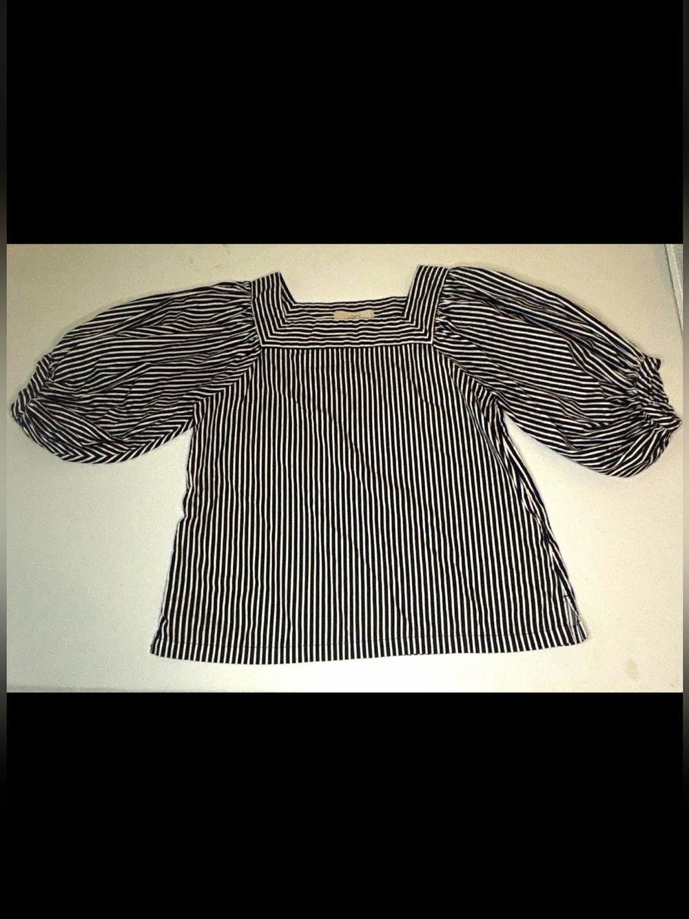 Striped Square Neck Puff Sleeve Blouse Top - Black & White - Picture 3 of 5